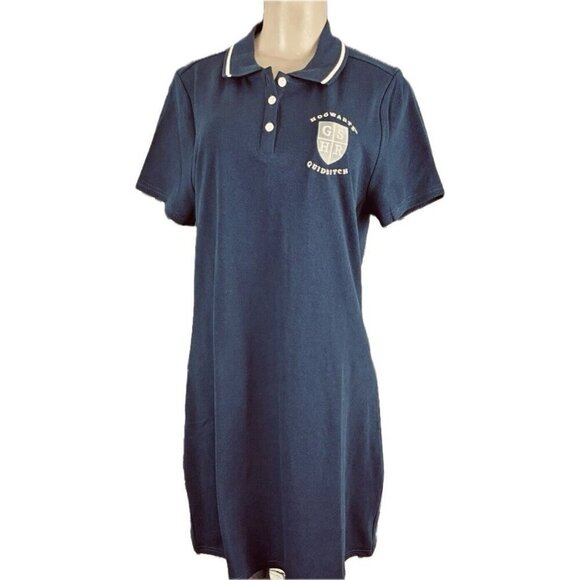 Harry Potter +4 Navy Hogwart Quidich Button Collar Neck Short Sleeve Shirt Dress - Picture 2 of 6